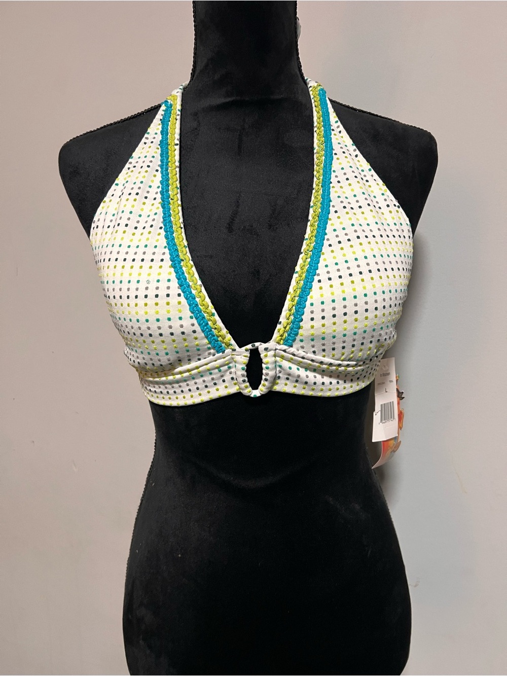 Tahiti Juniors size 11/13 White Bikini  Halter Swim Top with Blue Lime Trim NWT